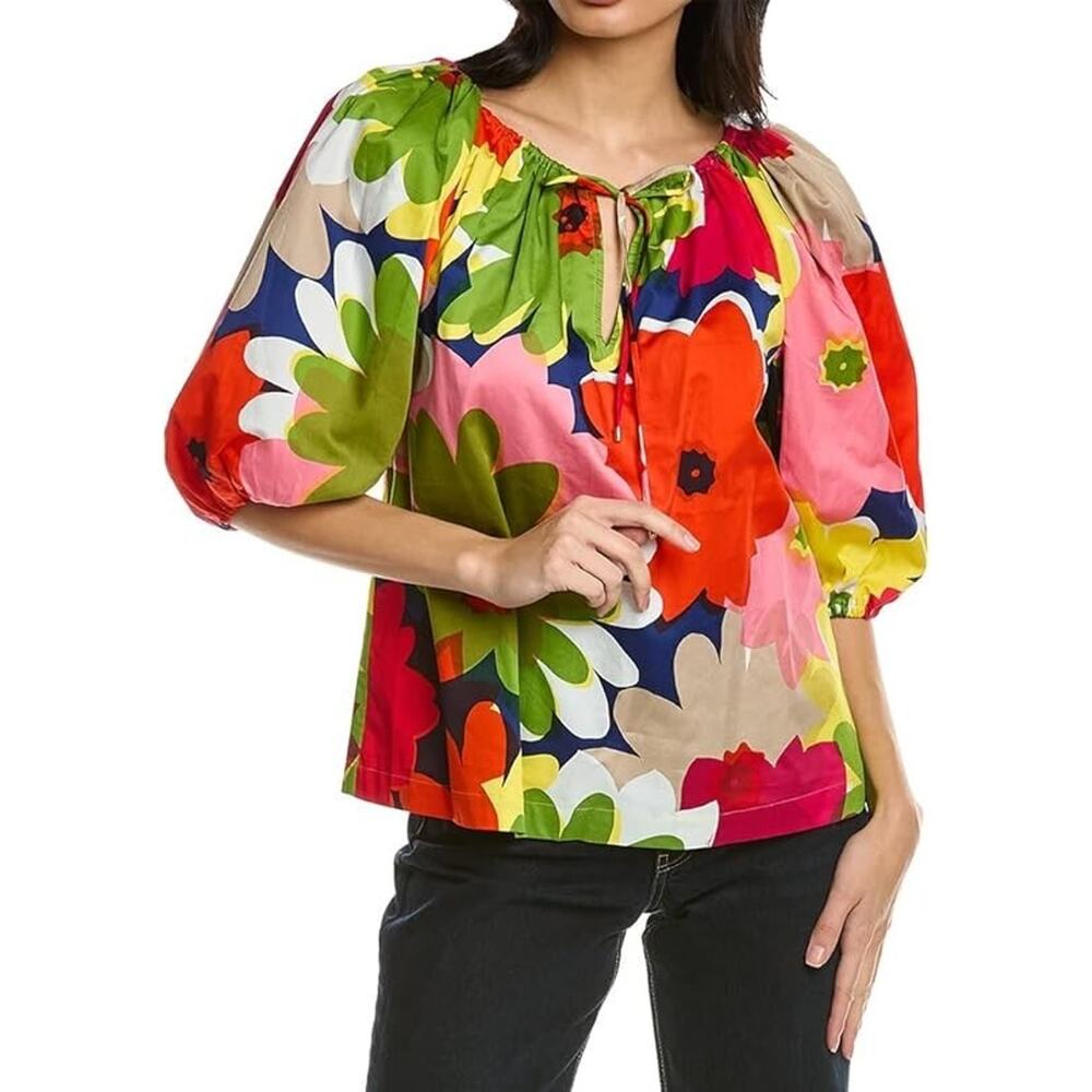 Trina Turk Vista Las Palmas Ruched Floral Top‎ Blouse Women's Extra Small NWT